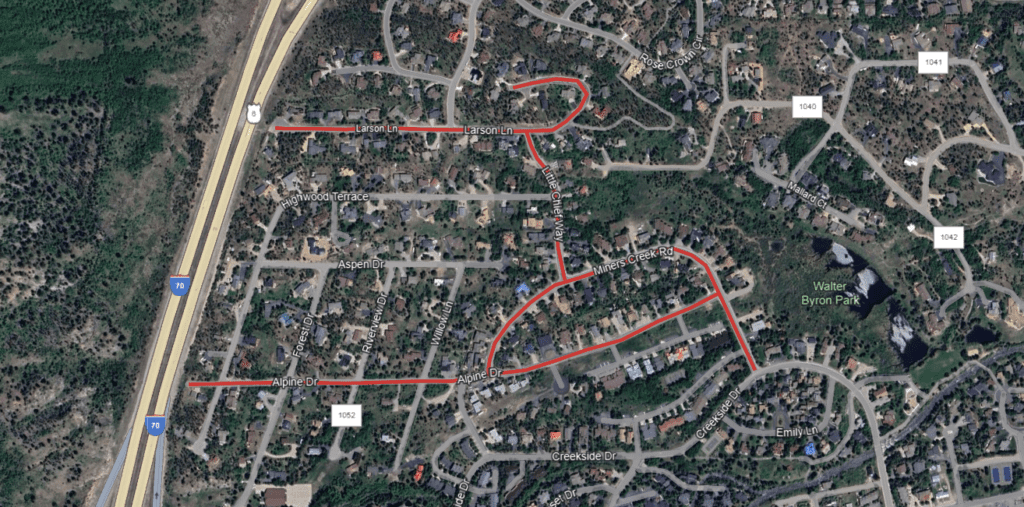 Map of water main break in Frisco on 8/21/2024 with affected areas. Streets with water service shut off include Alpine Dr, Miners Creek Rd, Little Chief Way, and Larson Ln.